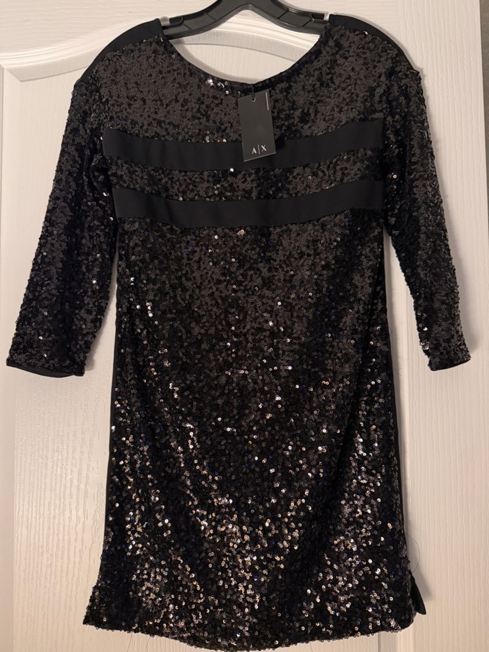 New Armani Exchange Black Sequin Mini Dress with Ribbon Detail Sz Xs.